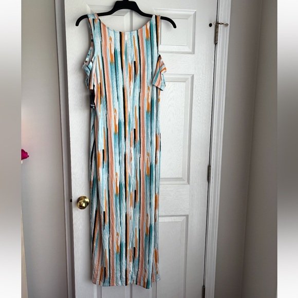torrid Cold-Shoulder Maxi Dress in Aqua, Peach & Brown Brushstroke NWT - Picture 3 of 5